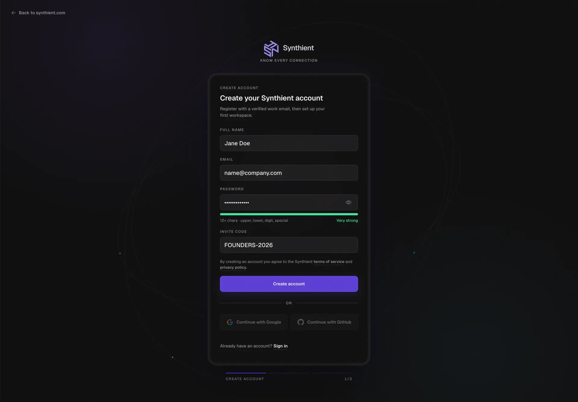Synthient account creation form with fields for name, work email, password, and invite code