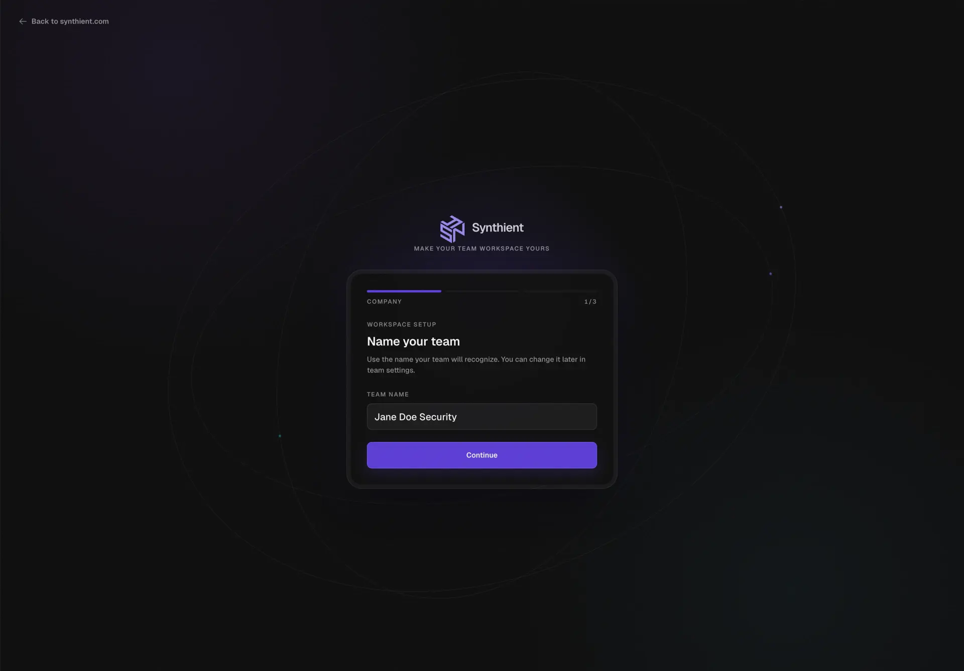 Synthient workspace setup screen for naming a team