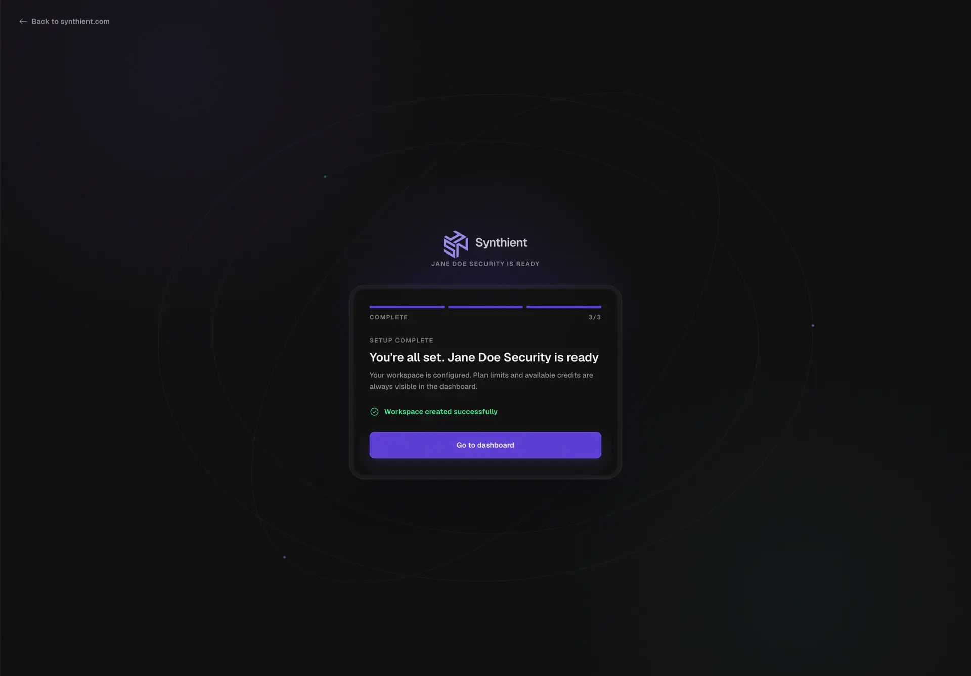 Synthient setup completion screen with a button to open the dashboard
