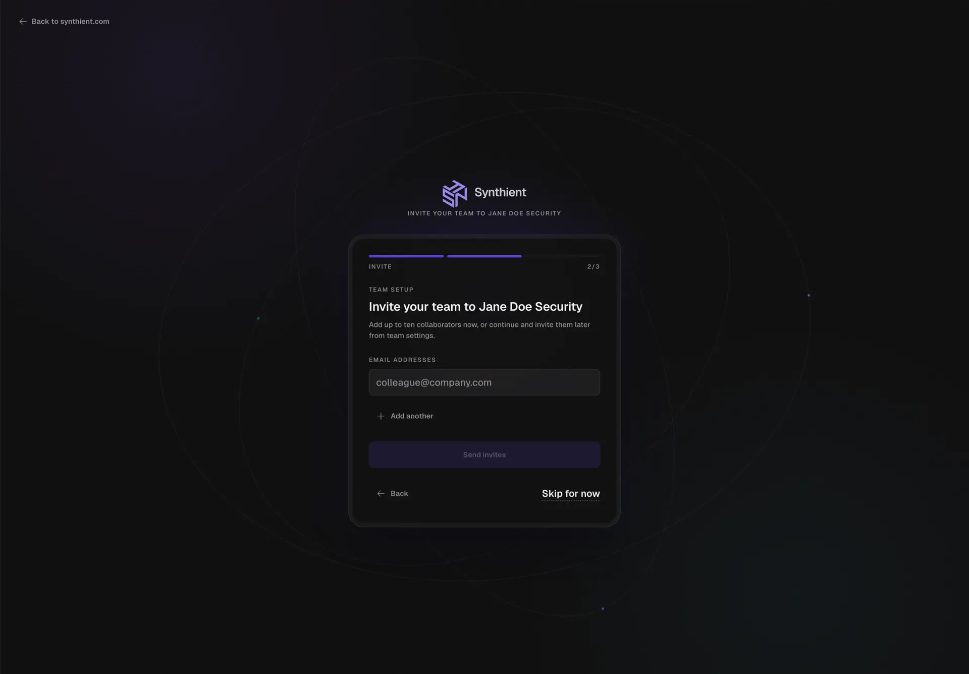 Synthient workspace setup screen for inviting teammates