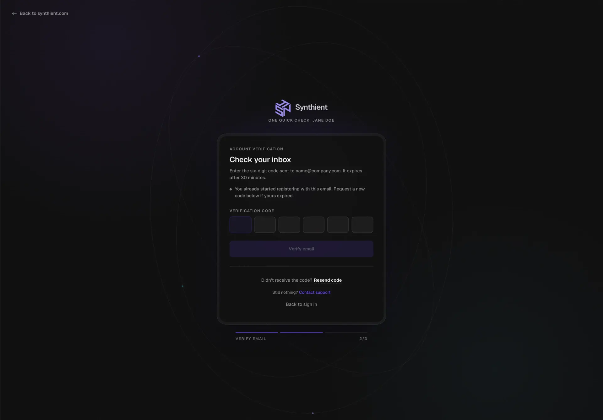 Synthient account verification screen with a six-digit code entry